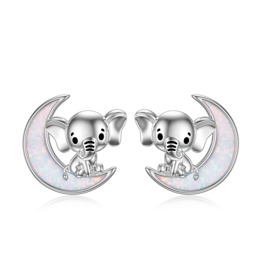 Sterling Silver Opal Elephant & Moon Stud Earrings-3