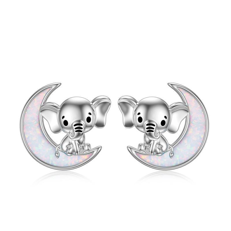 Sterling Silver Opal Elephant & Moon Stud Earrings