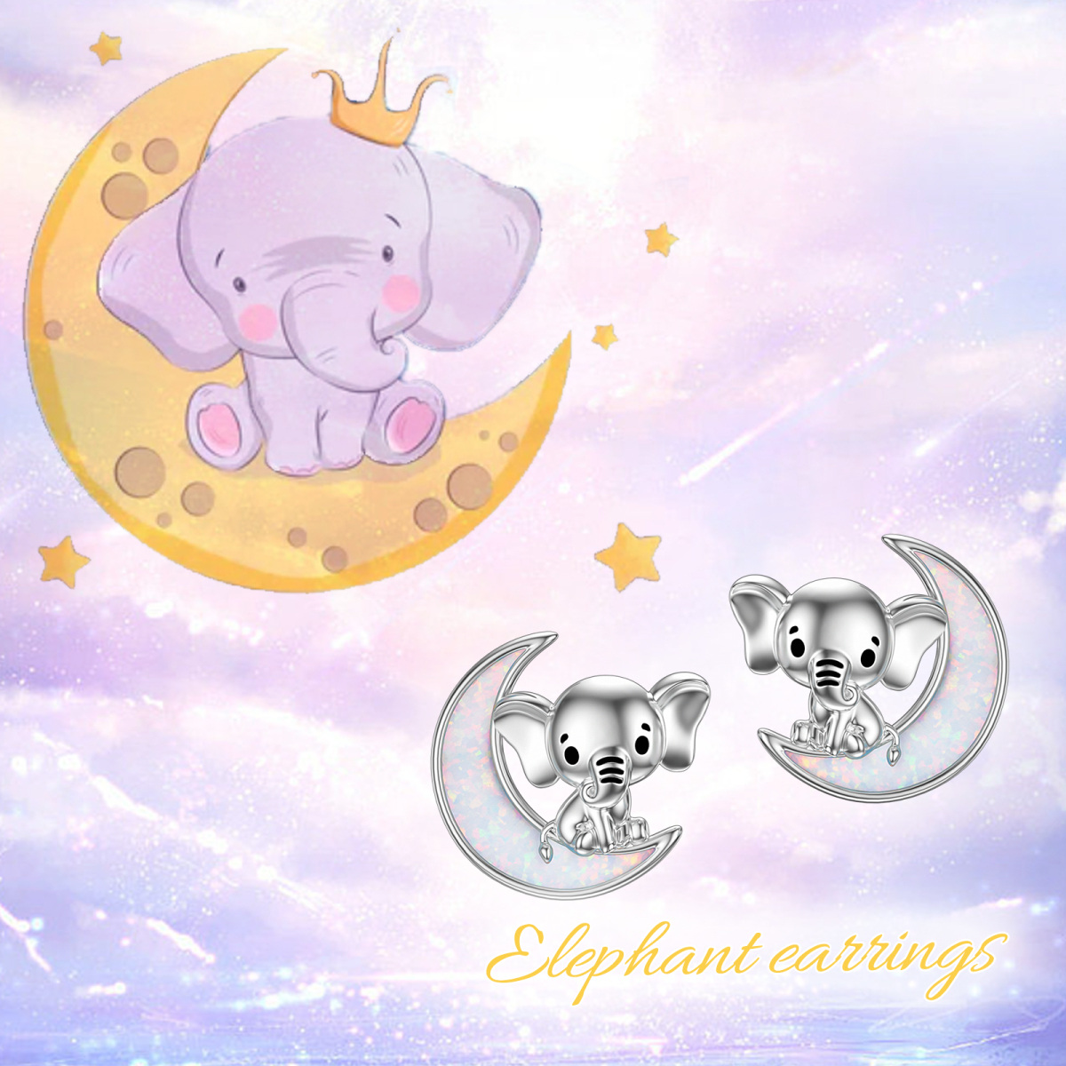 Sterling Silver Opal Elephant & Moon Stud Earrings-3