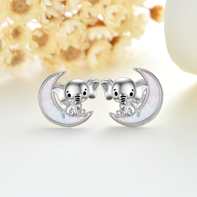 Sterling Silver Opal Elephant & Moon Stud Earrings-4