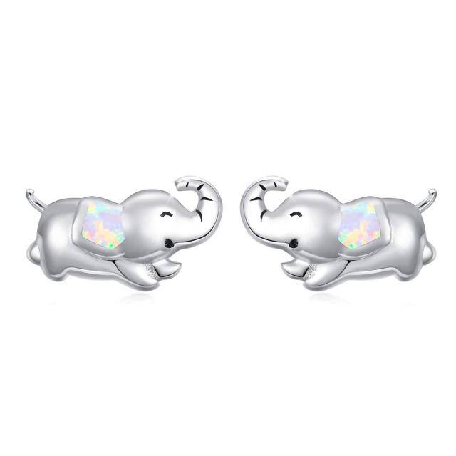 Sterling Silver Opal Elephant Stud Earrings-1