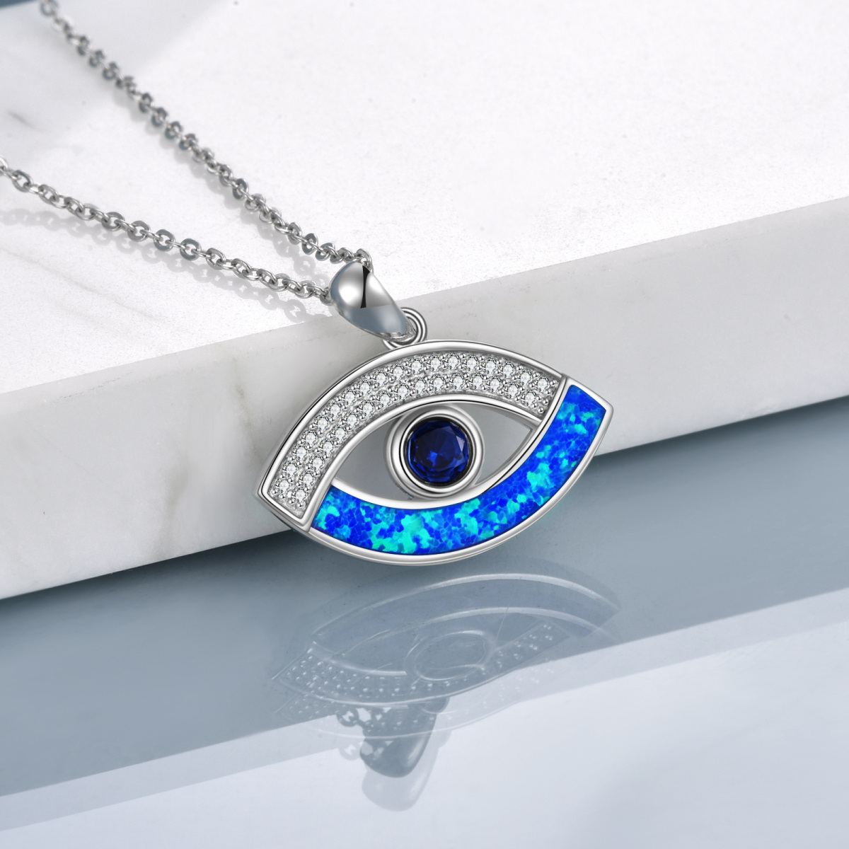 Sterling Silver Opal Evil Eye Pendant Necklace-4