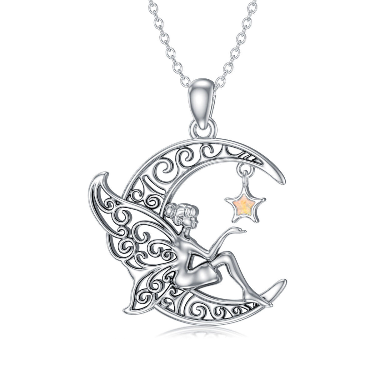 Sterling Silver Opal Fairy & Moon Pendant Necklace-1