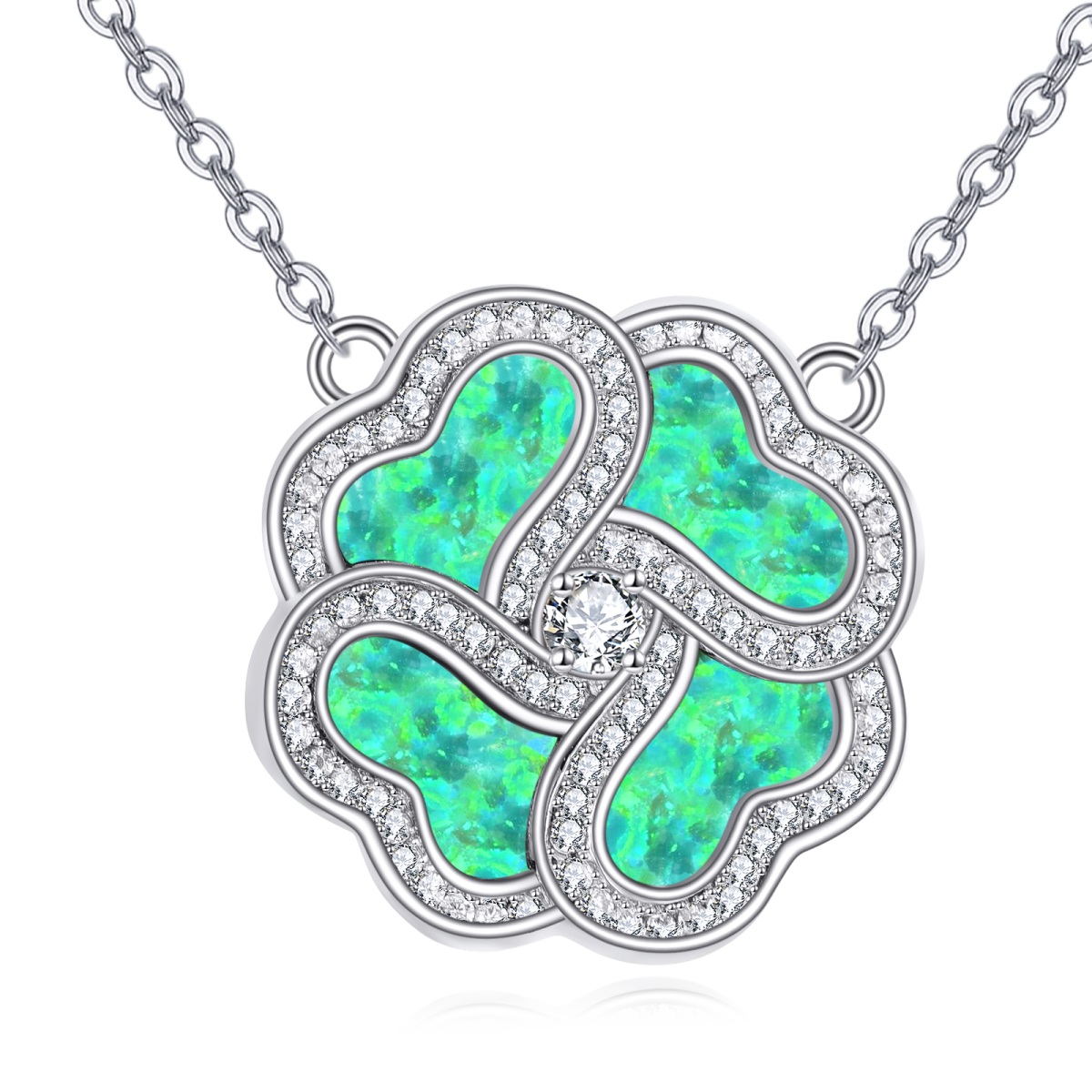 Sterling Silver Opal Four Leaf Clover Pendant Necklace-1