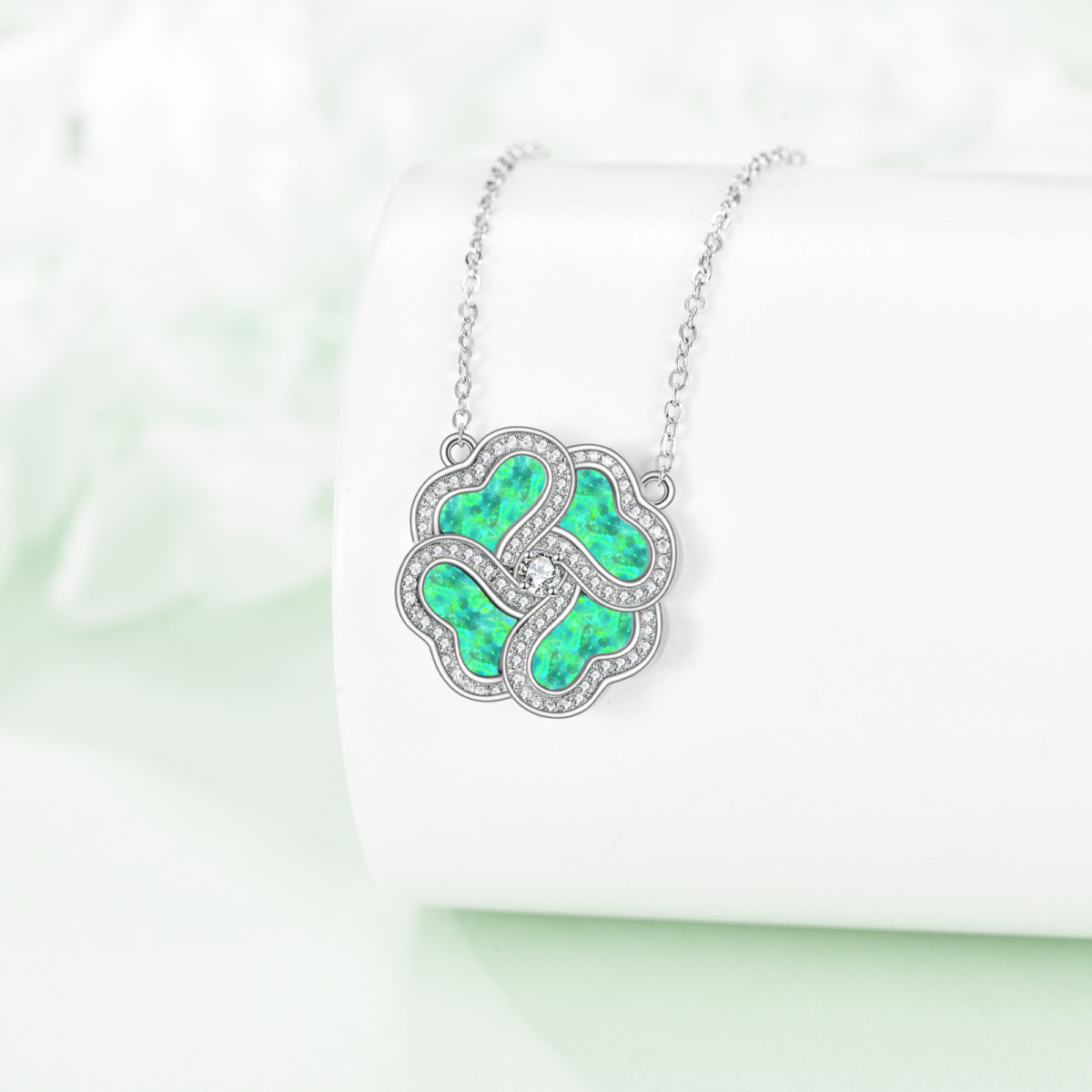 Sterling Silver Opal Four Leaf Clover Pendant Necklace-4