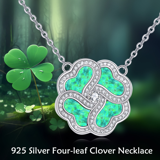 Sterling Silver Opal Four Leaf Clover Pendant Necklace-5