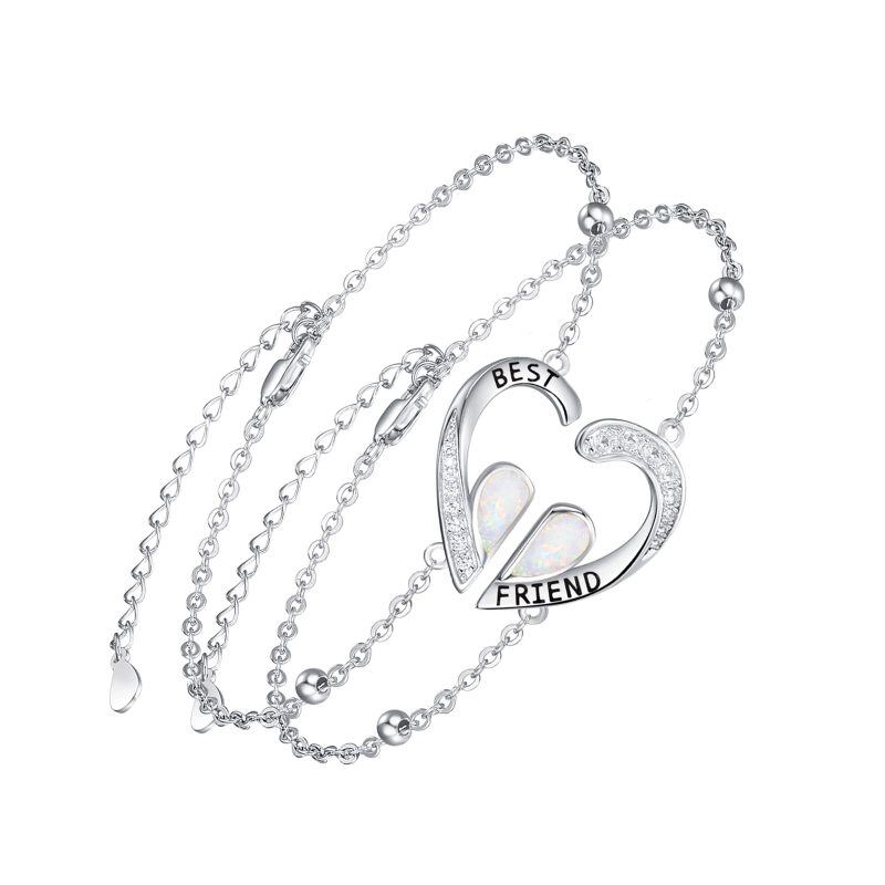 Sterling Silver Opal Heart Charm Bracelet with Engraved Word