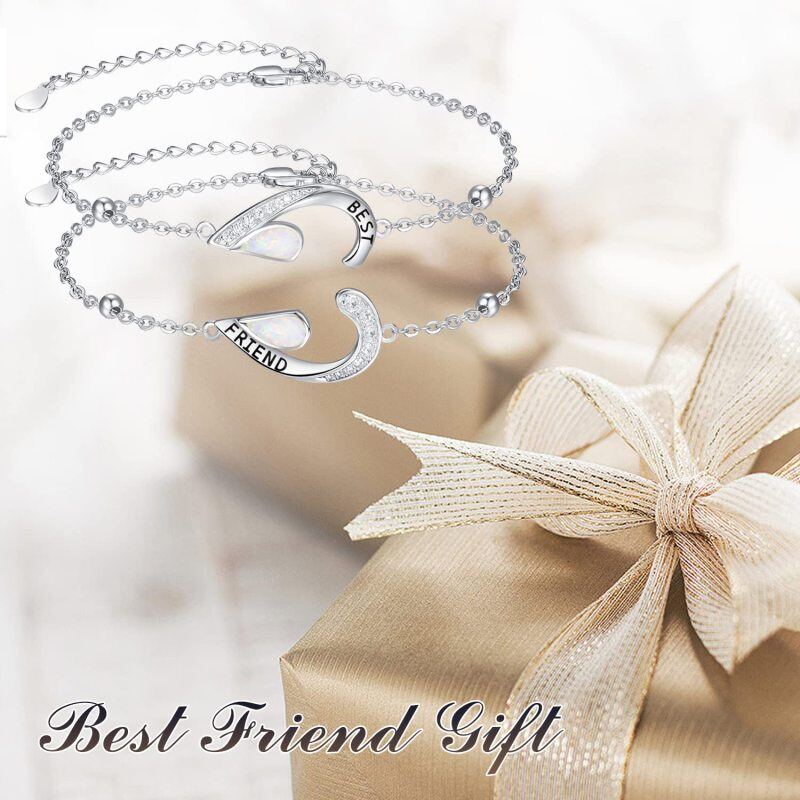 Sterling Silver Opal Heart Charm Bracelet with Engraved Word-7