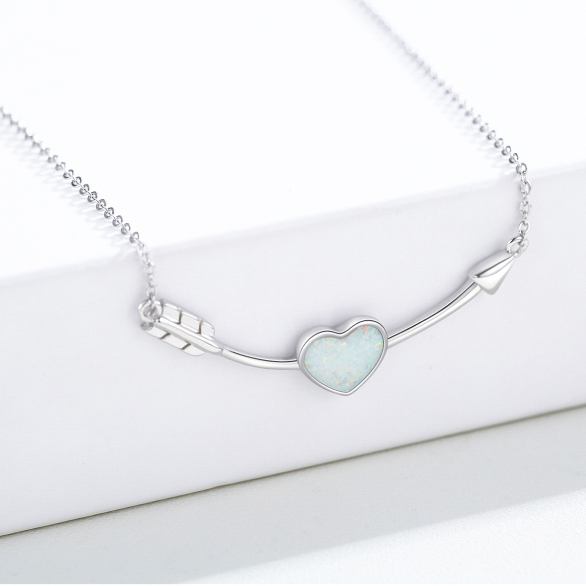 Sterling Silver Opal Heart Pendant Necklace-3