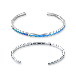 Sterling Silver Opal Heart Plain Bangle with Engraved Word-5