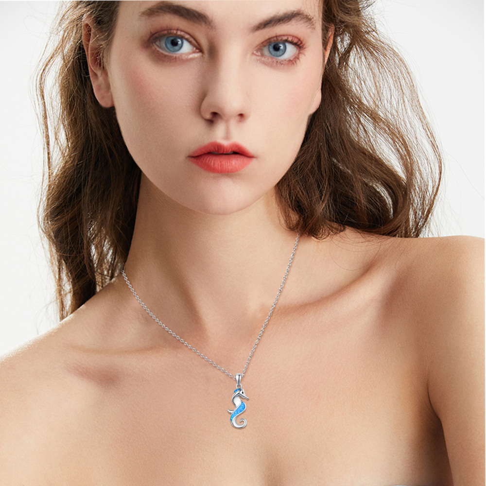 Sterling Silver Opal Hippocampus Pendant Necklace-3
