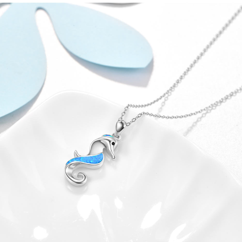 Sterling Silver Opal Hippocampus Pendant Necklace-4