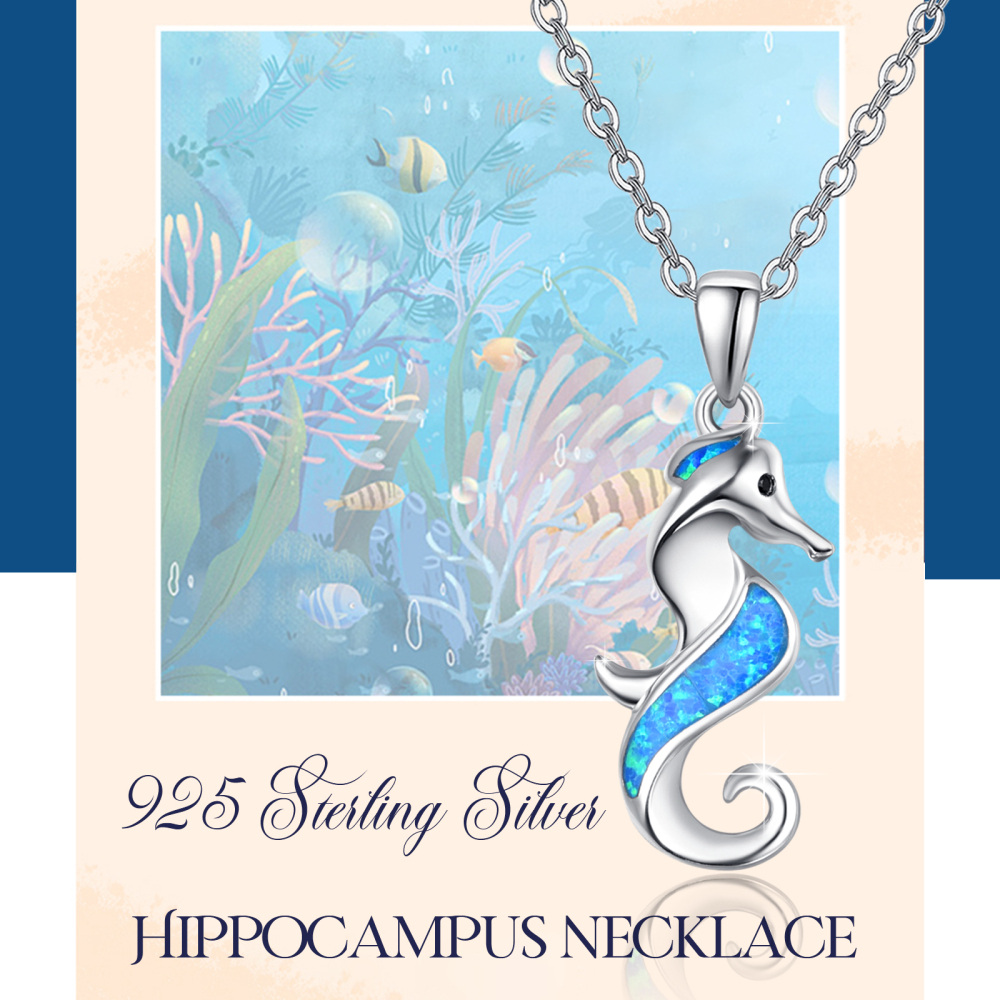 Sterling Silver Opal Hippocampus Pendant Necklace-5