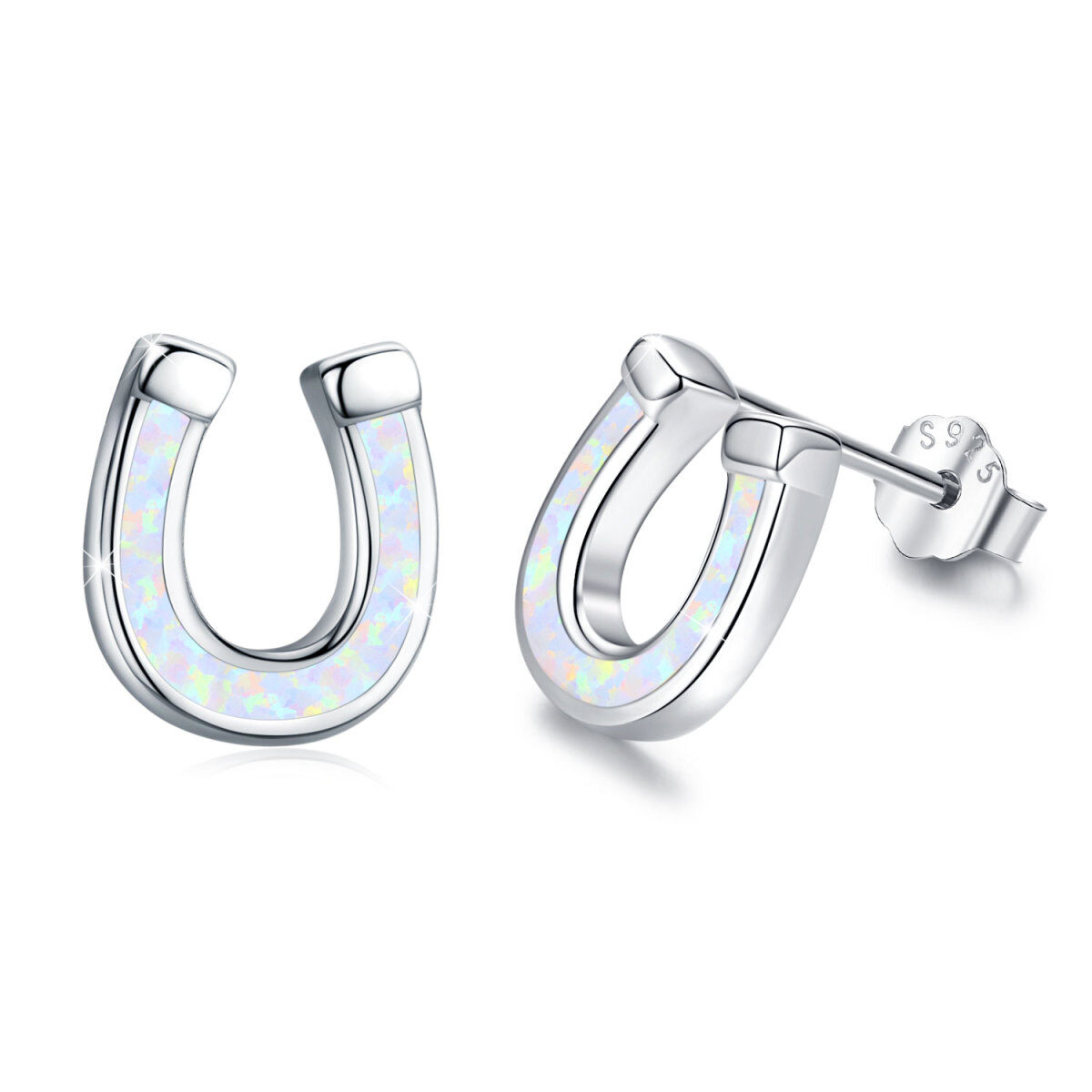 Sterling Silver Opal Horseshoe Stud Earrings-1