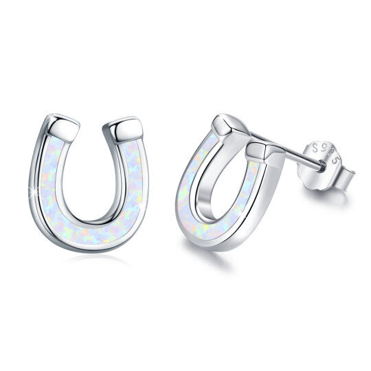 Sterling Silver Opal Horseshoe Stud Earrings