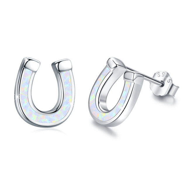 Sterling Silver Opal Horseshoe Stud Earrings-5