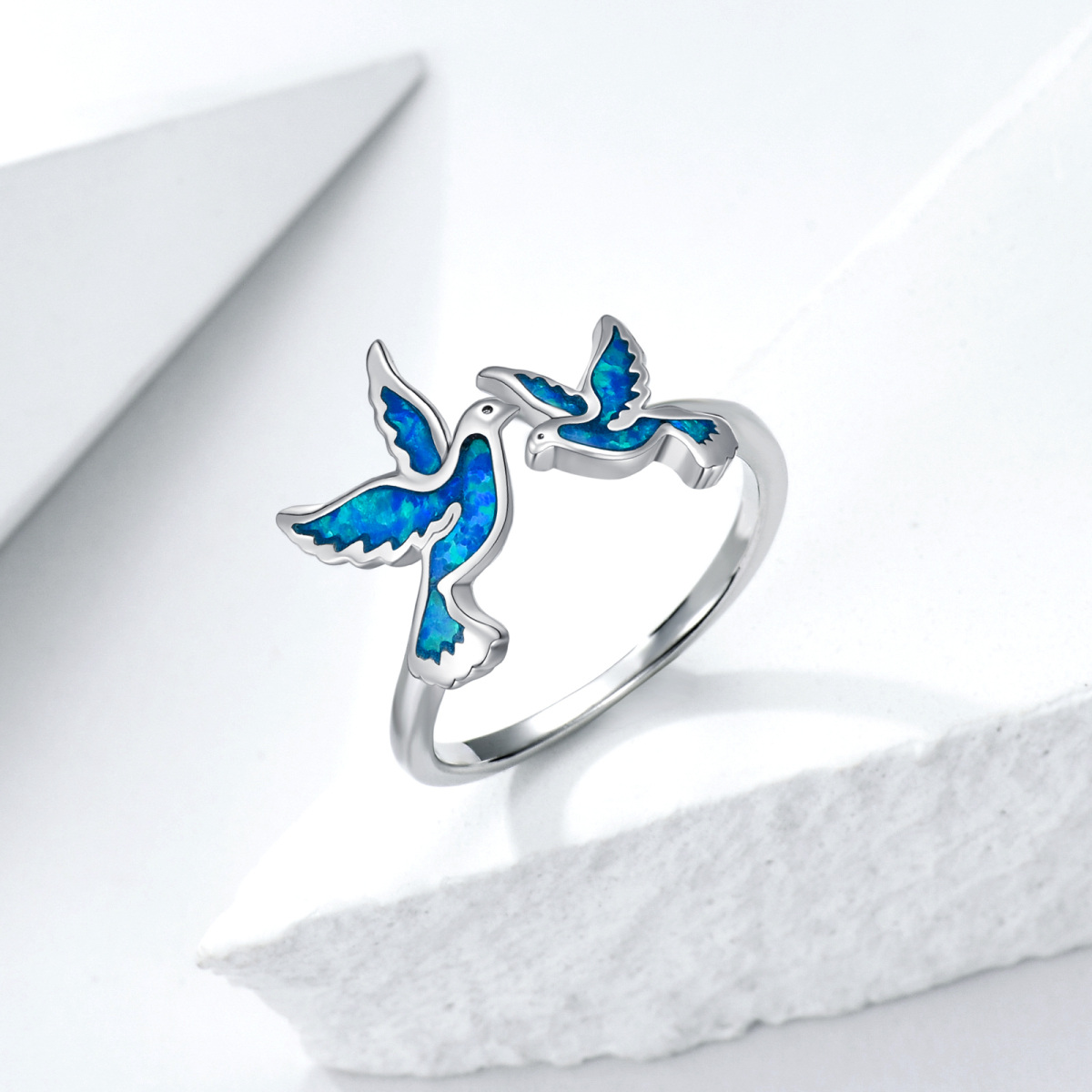 Anello aperto con colibrì opale in argento sterling-4