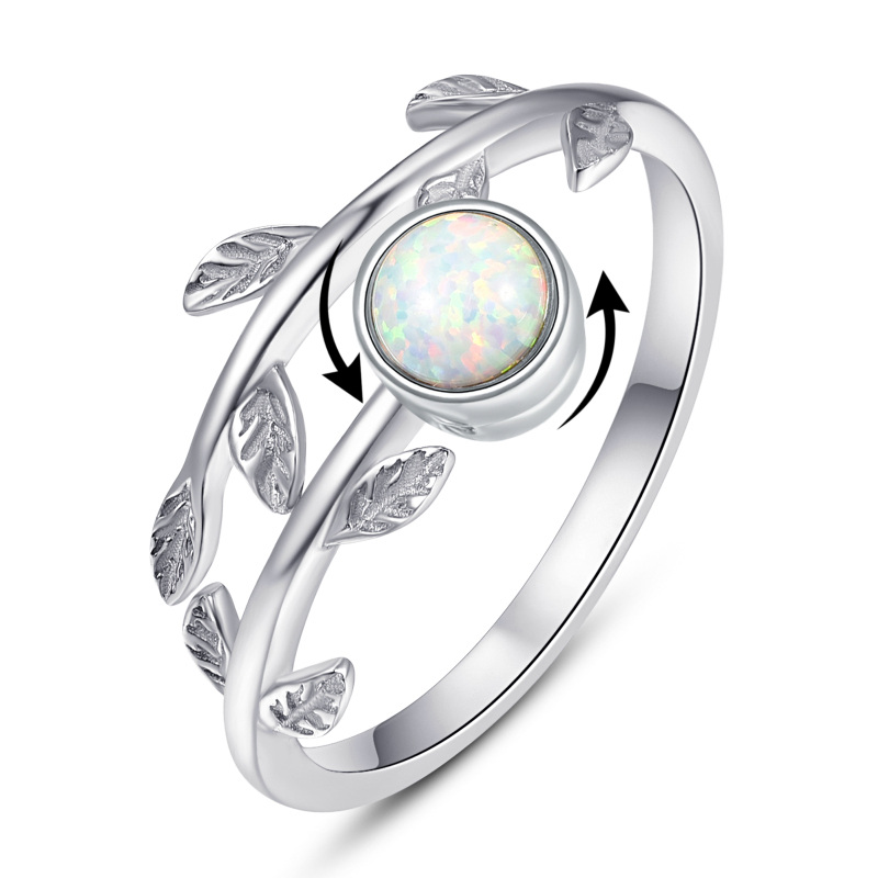 Sterling Silver Opal Leaves Spinner Ring-4