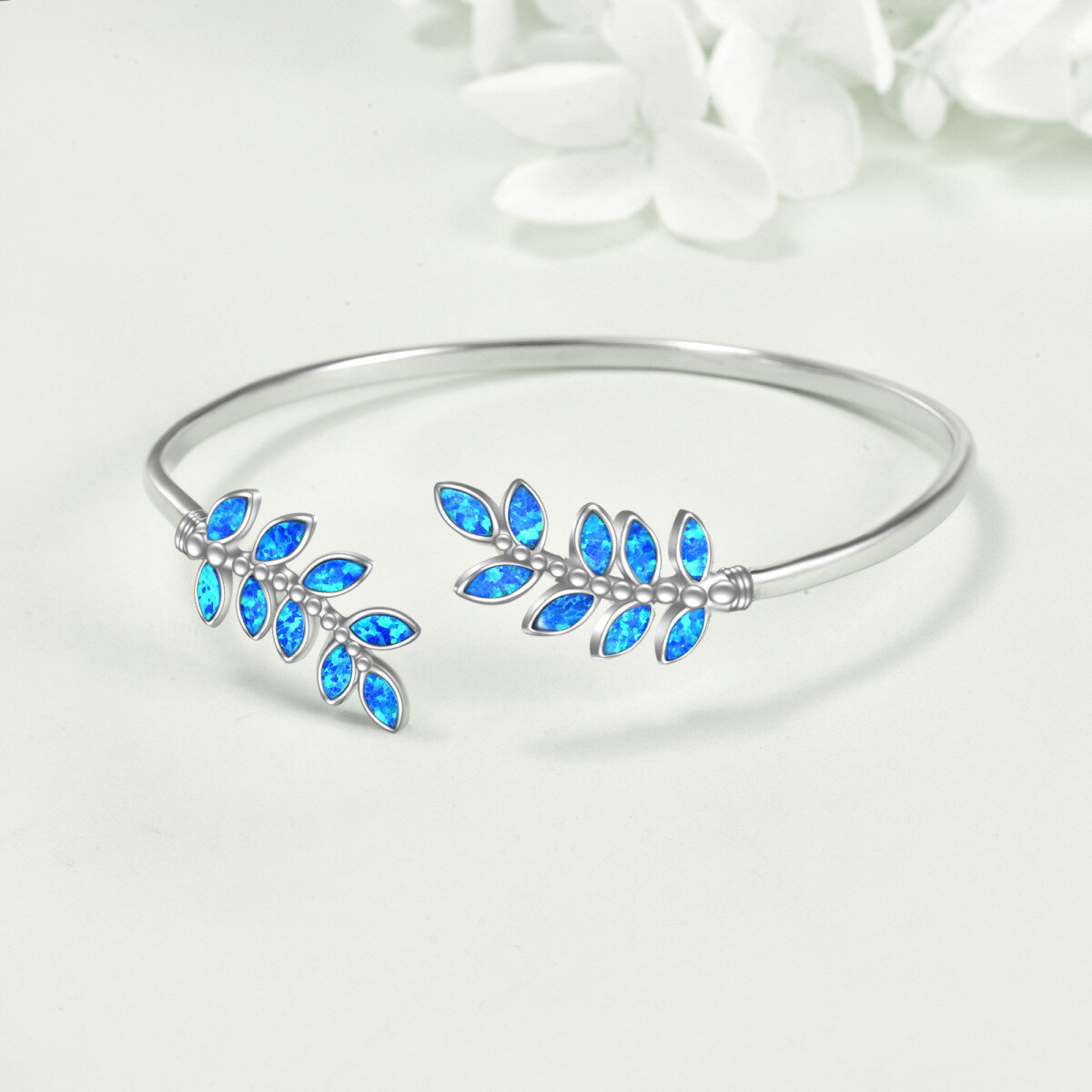 Sterling Silver Opal Leaves & Tree Of Life Pendant Bangle-3