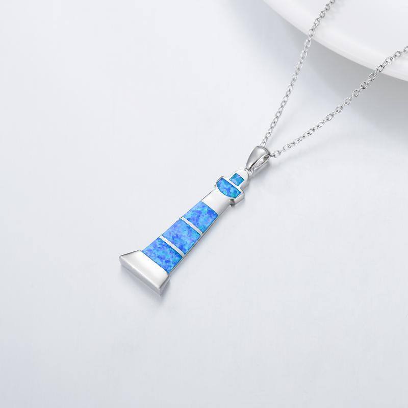 Sterling Silver Opal Lighthouse Pendant Necklace-4