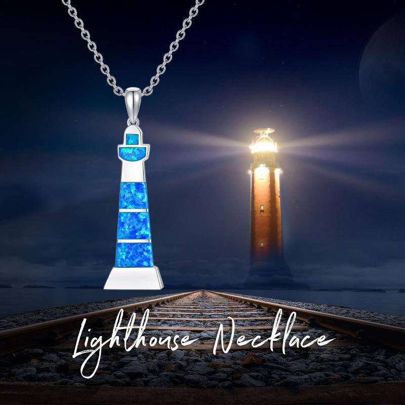 Sterling Silver Opal Lighthouse Pendant Necklace-5