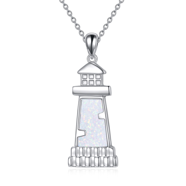 Sterling Silver Opal Lighthouse Pendant Necklace-3