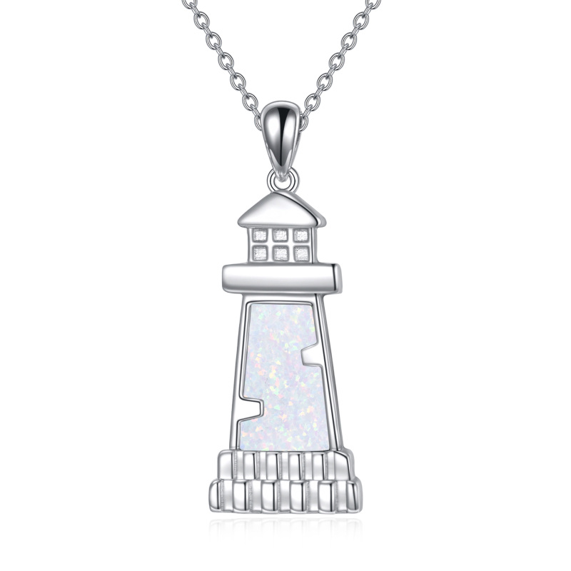 Sterling Silver Opal Lighthouse Pendant Necklace-17