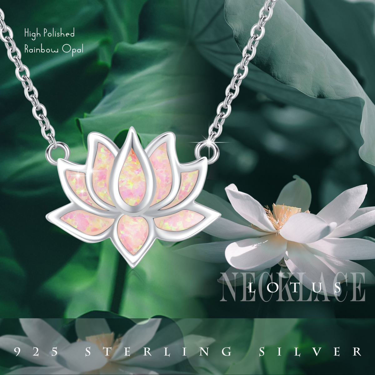 Sterling Silver Opal Lotus Pendant Necklace-4