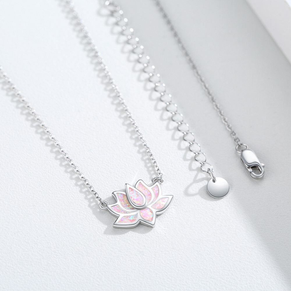 Sterling Silver Opal Lotus Pendant Necklace-5