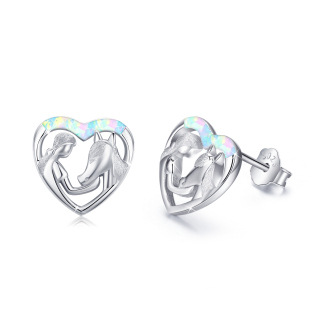 Sterling Silver Opal Horse & Heart Stud Earrings-36