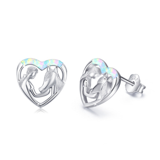 Sterling Silver Opal Horse & Heart Stud Earrings