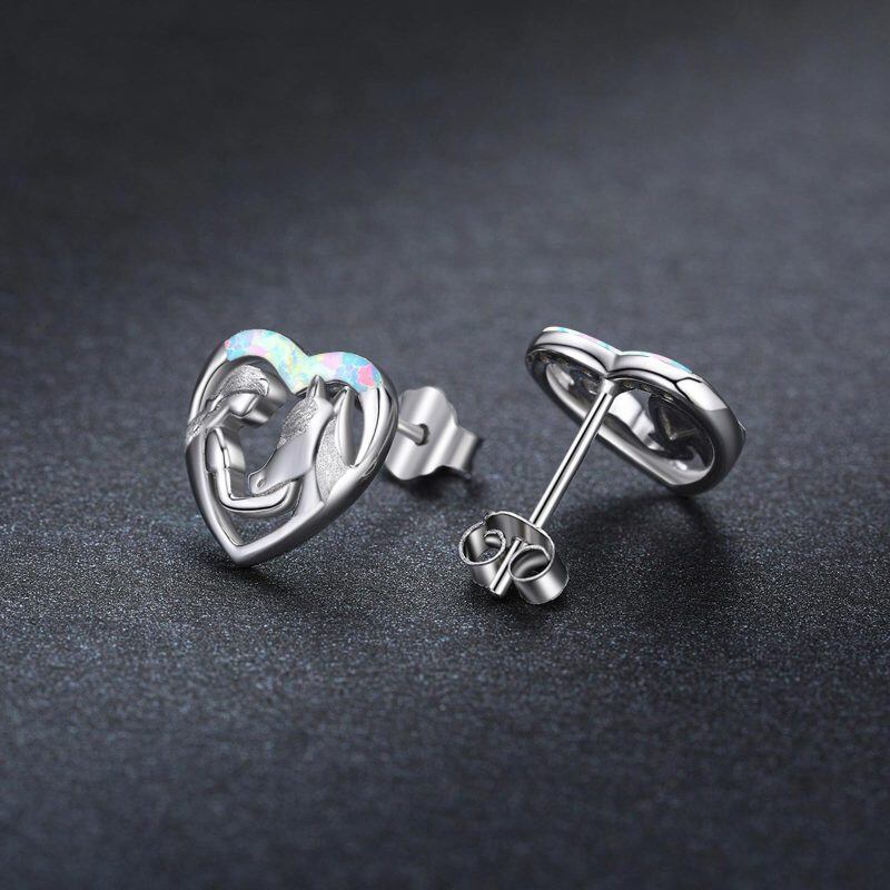 Sterling Silver Opal Horse & Heart Stud Earrings-4