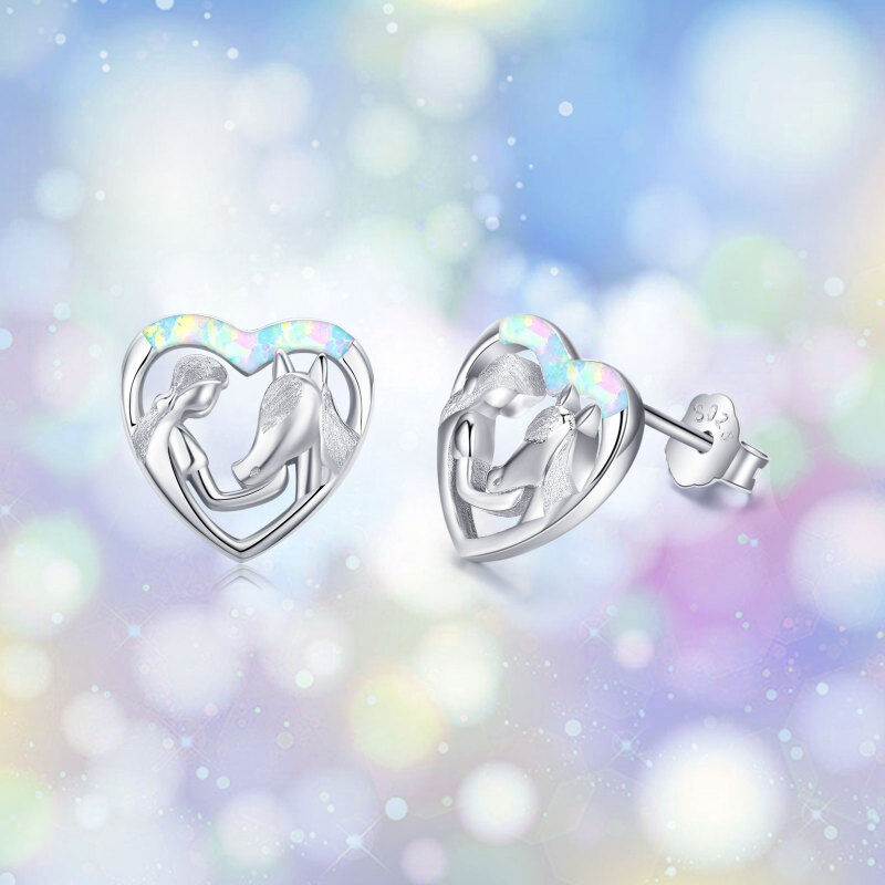 Sterling Silver Opal Horse & Heart Stud Earrings-5