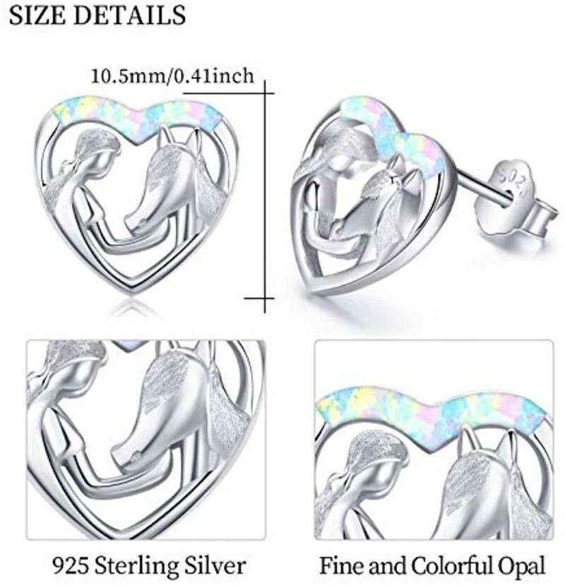 Sterling Silver Opal Horse & Heart Stud Earrings-6