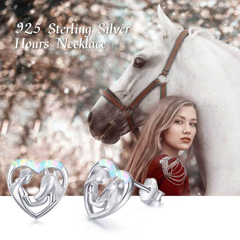Sterling Silver Opal Horse & Heart Stud Earrings-7