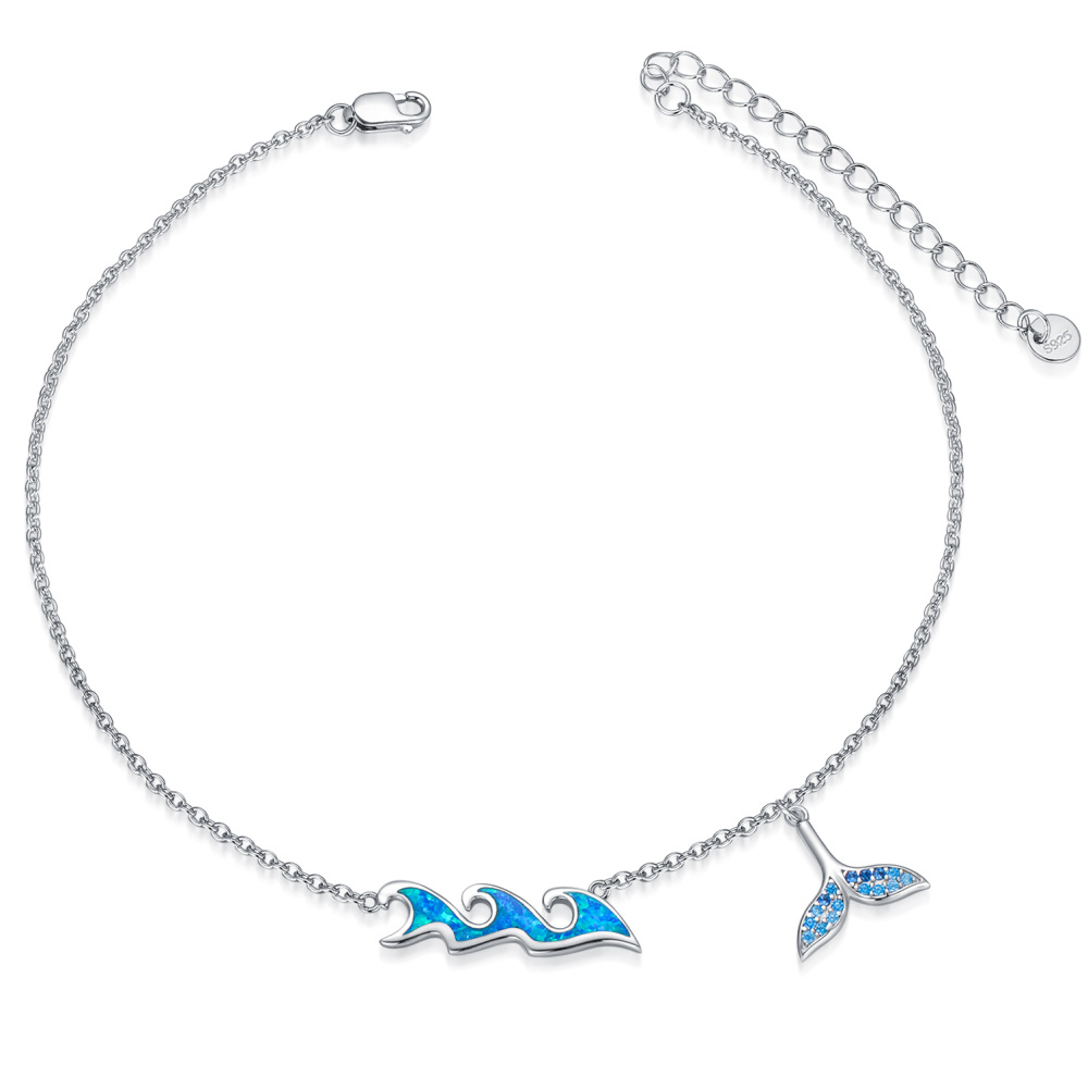 Sterling Silver Opal Mermaid Single Layer Charm Anklet-1