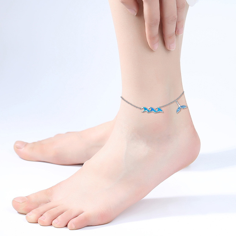 Sterling Silver Opal Mermaid Single Layer Charm Anklet-2