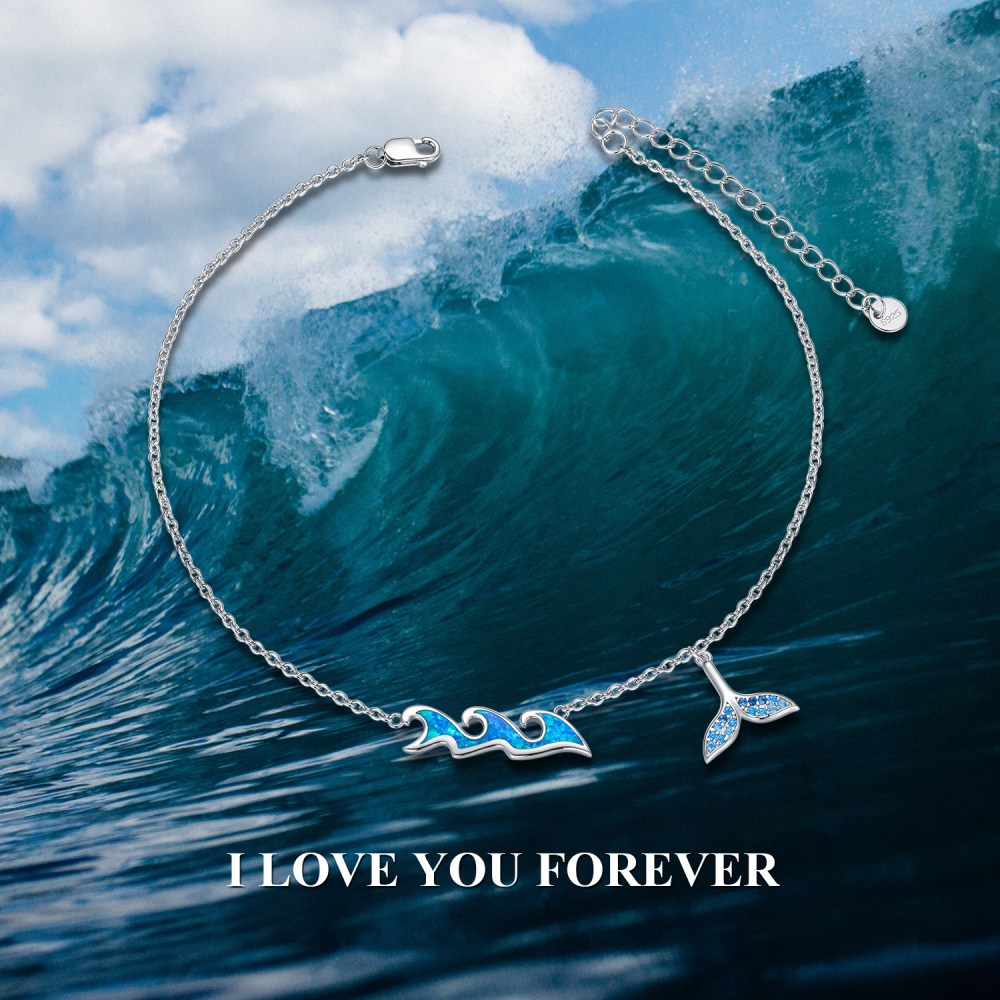 Sterling Silver Opal Mermaid Single Layer Charm Anklet-6