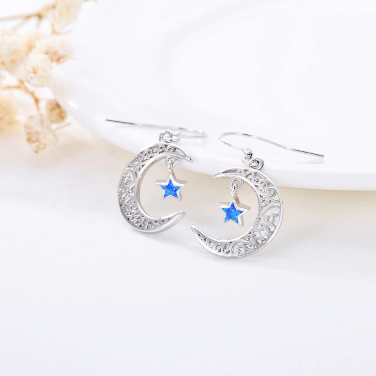 Sterling Silver Opal Moon Drop Earrings-4