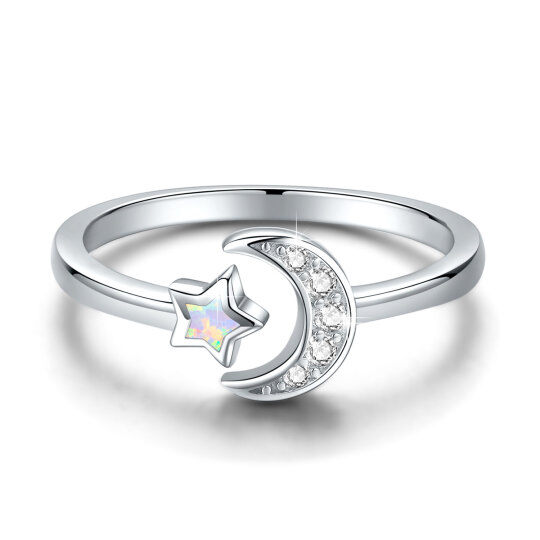 Sterling Silver Cubic Zirconia & Opal Moon Open Ring