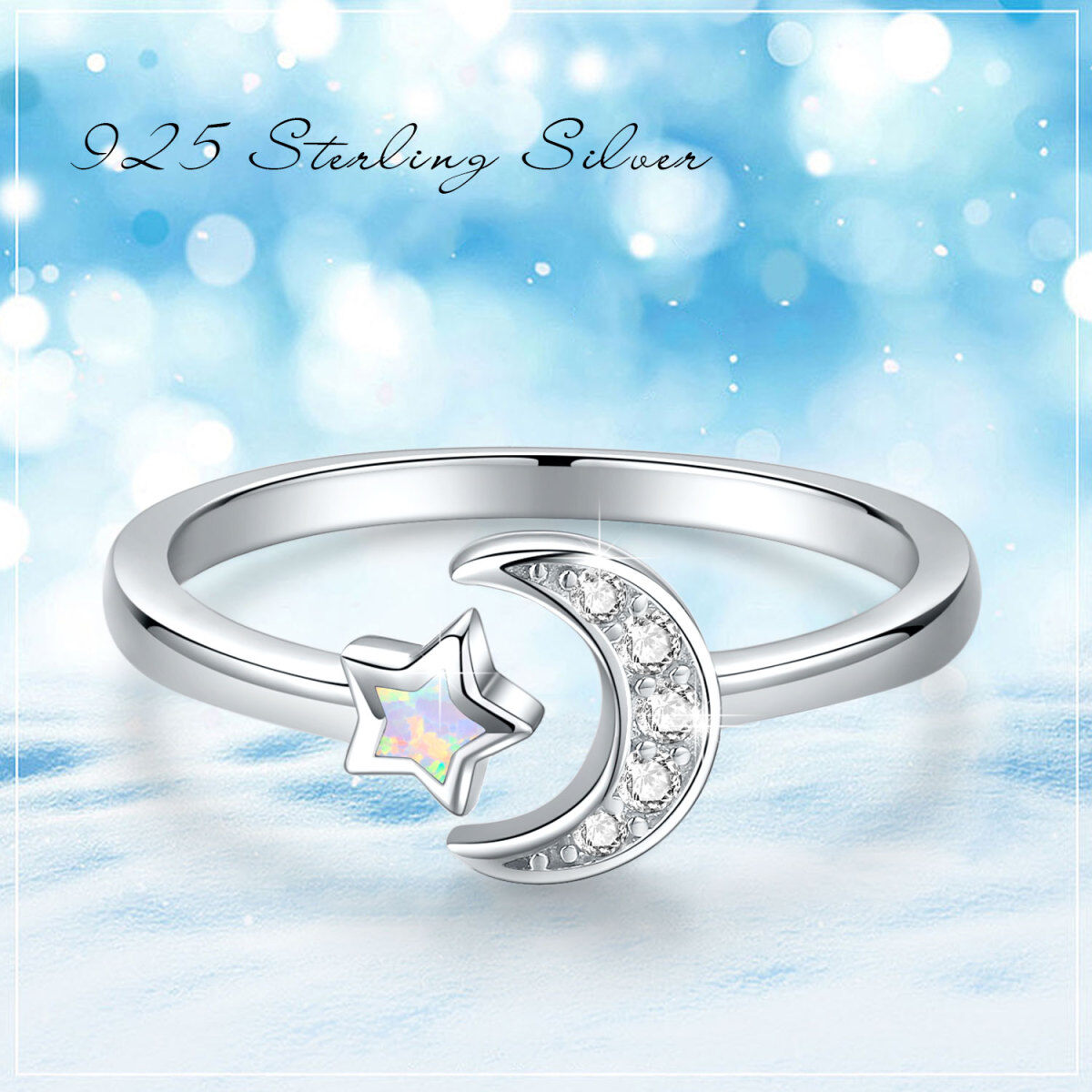 Sterling Silver Cubic Zirconia & Opal Moon Open Ring-4