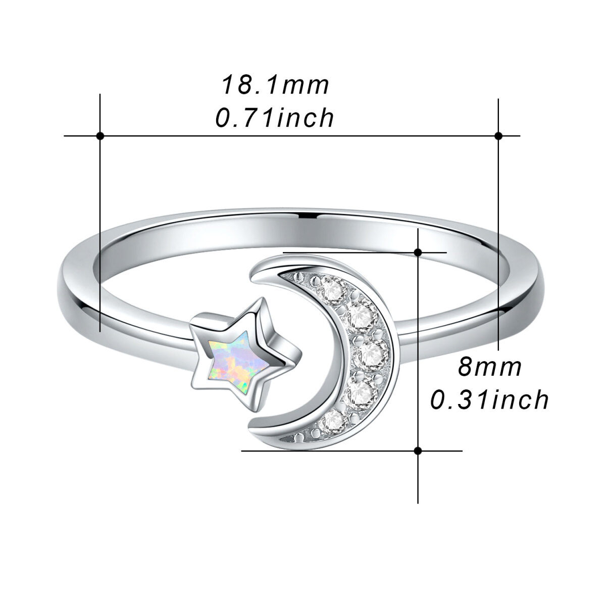 Sterling Silver Cubic Zirconia & Opal Moon Open Ring-5