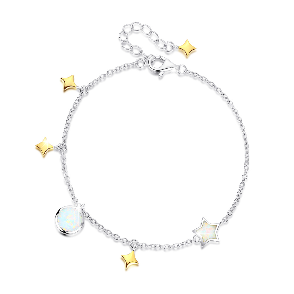 Sterling Silver Opal Moon & Star Charm Bracelet-1