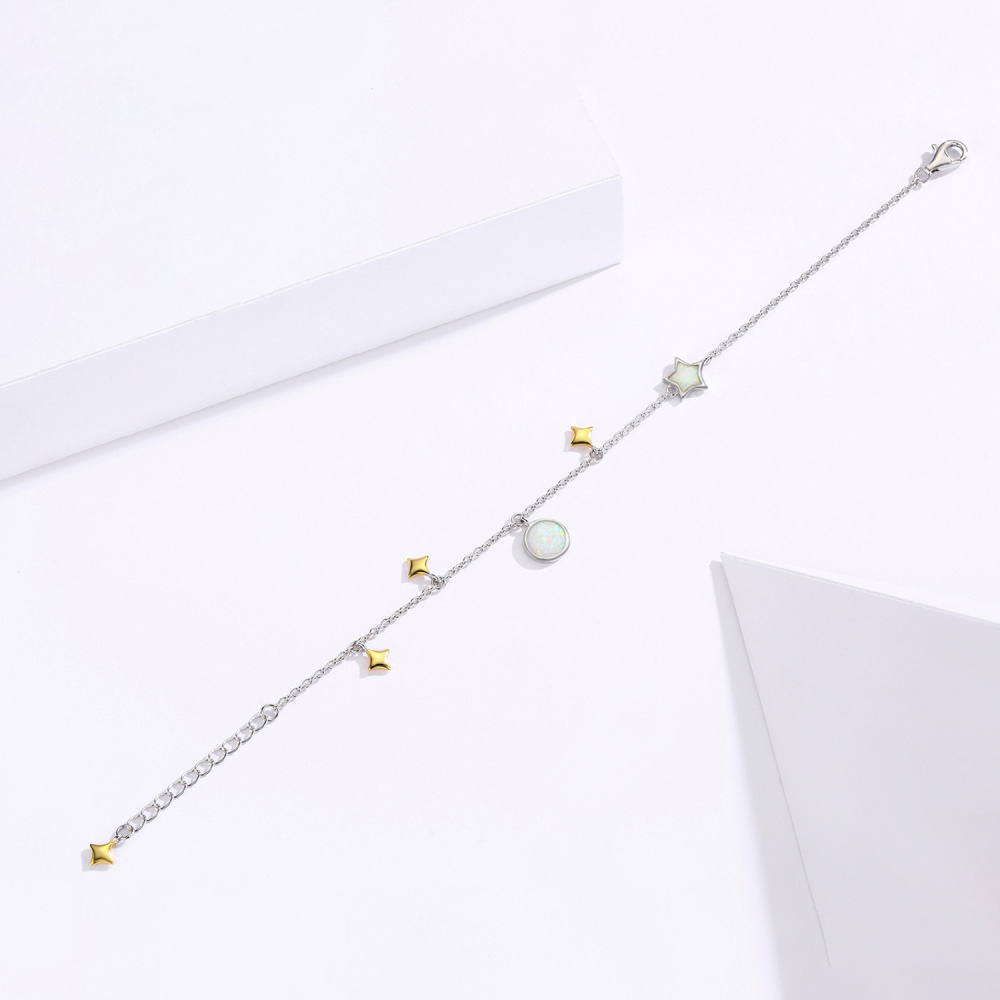 Sterling Silver Opal Moon & Star Charm Bracelet-3