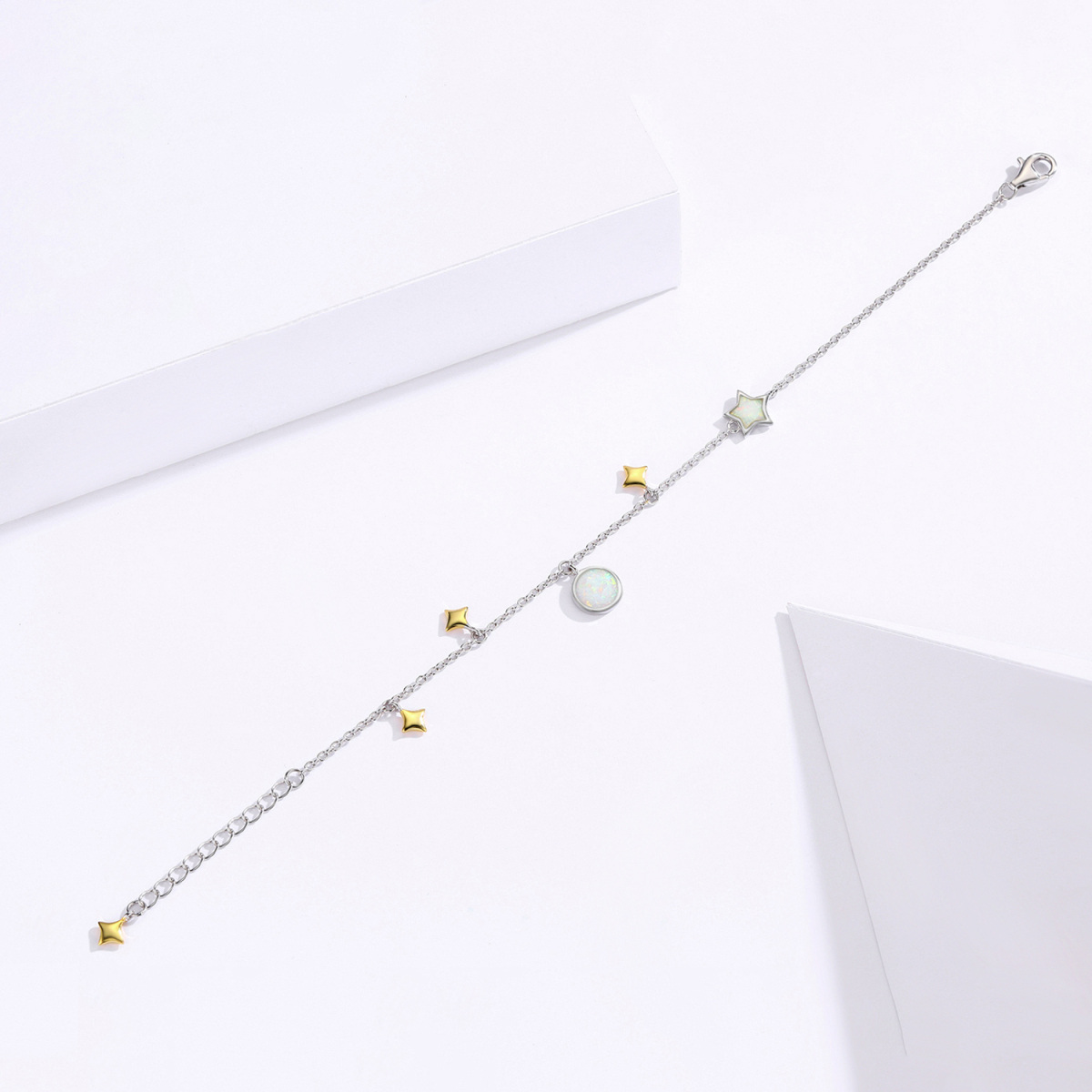 Sterling Silver Opal Moon & Star Pendant Bracelet-3