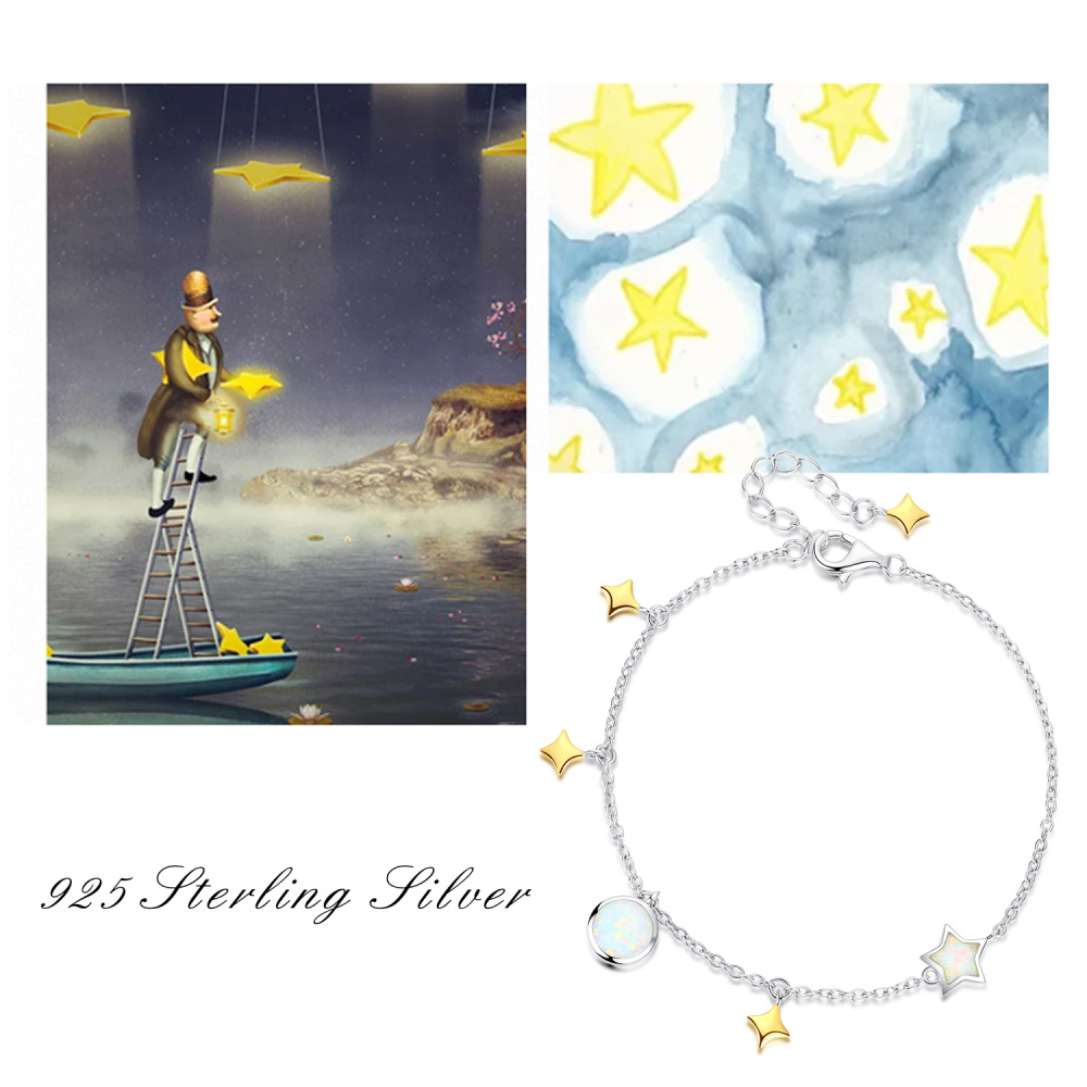 Sterling Silver Opal Moon & Star Charm Bracelet-4