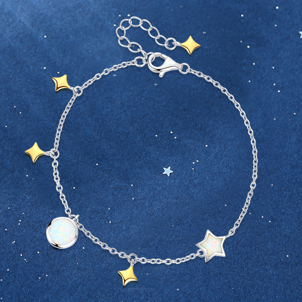 Sterling Silver Opal Moon & Star Charm Bracelet-5