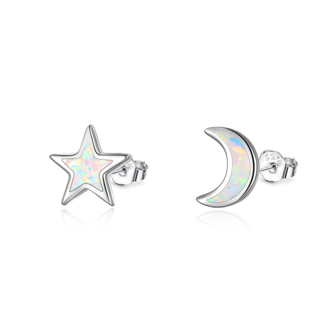 Sterling Silver Opal Moon & Star Stud Earrings-2