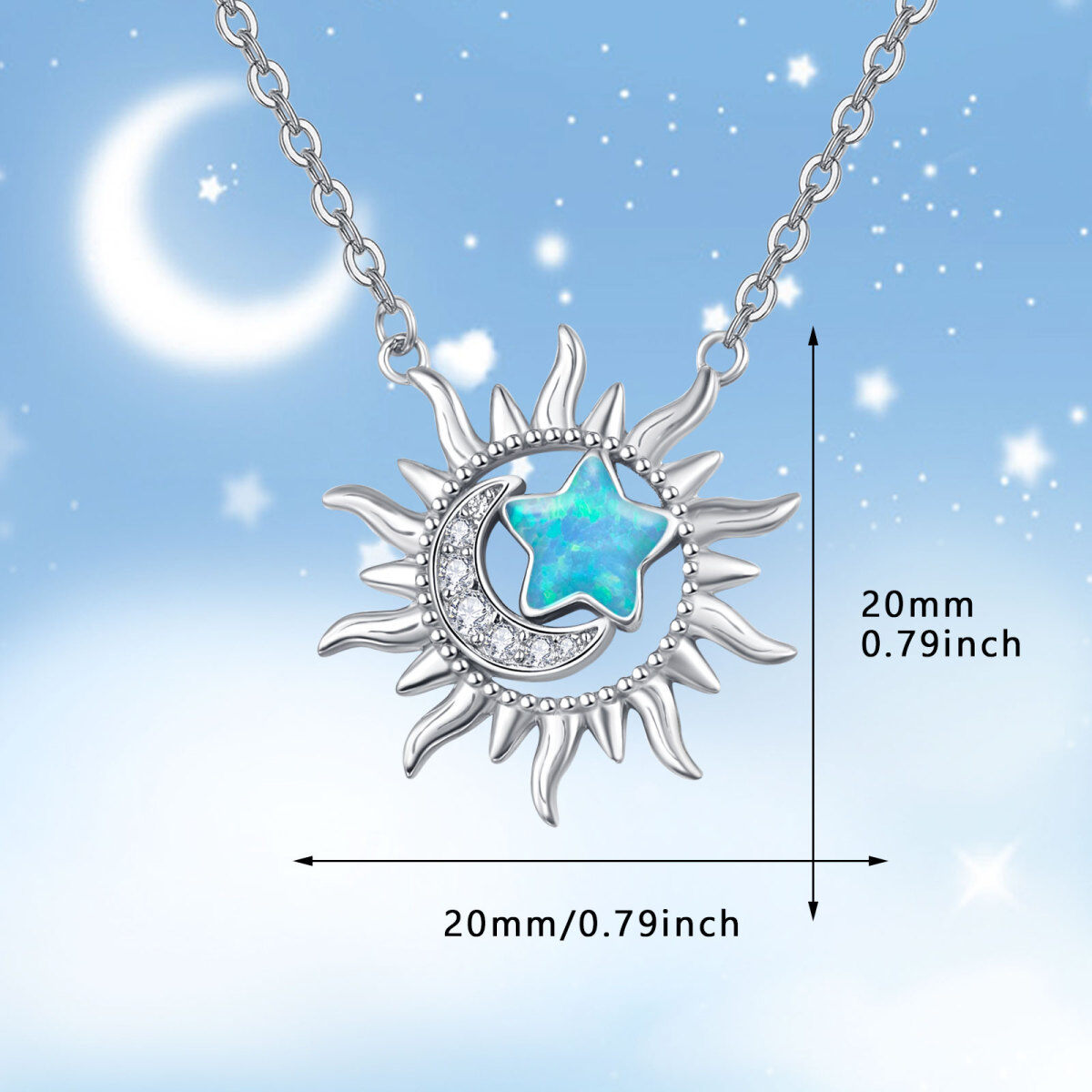 Sterling Silver Opal Moon & Sun Pendant Necklace-4