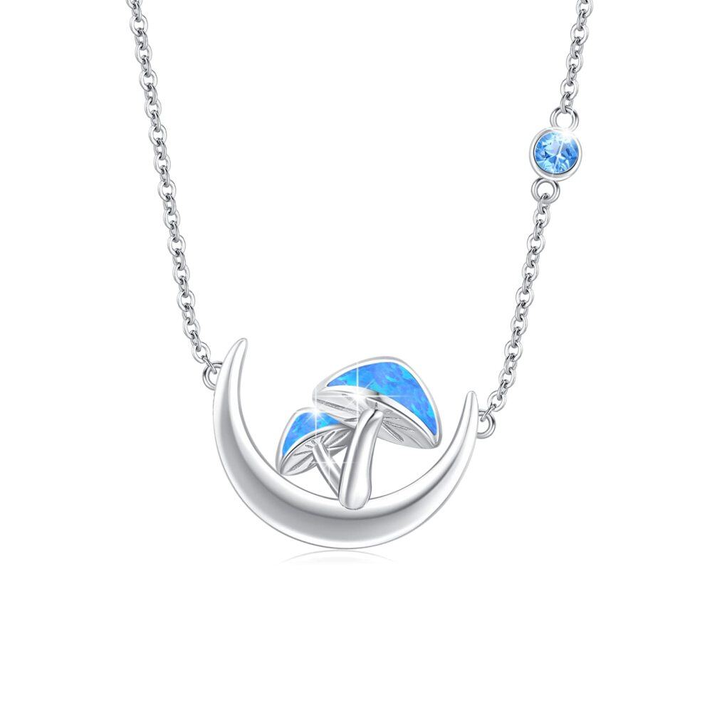 Sterling Silver Opal Mushroom & Moon Pendant Necklace-1
